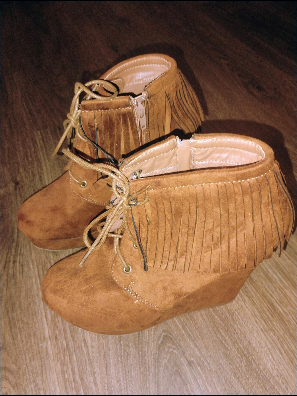 Fringed Suede Wedge Ankle Boots in Tan